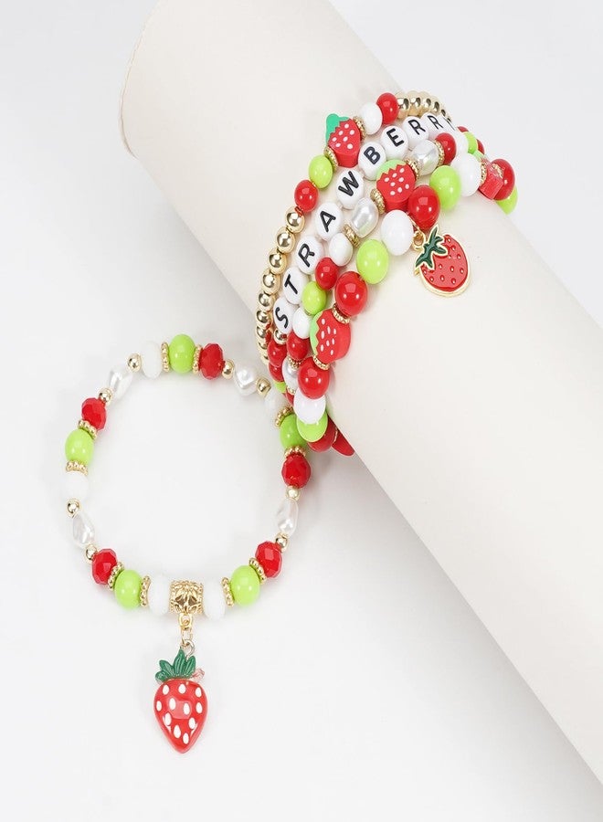 Briutn Strawberry Beaded Bracelet Stackable Charm Bracelets Summer Jewelry - Image 3